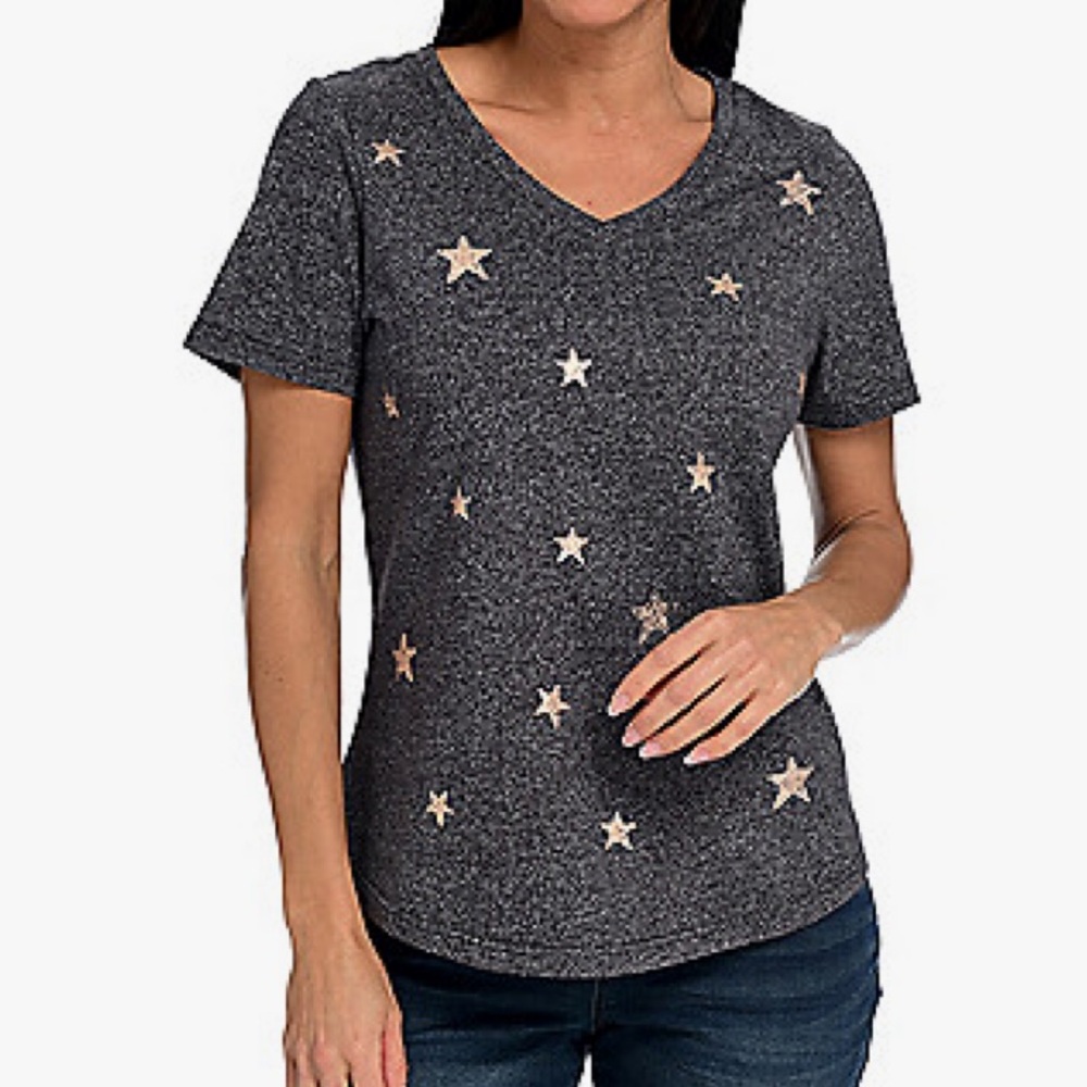 Women’s Christopher & Banks Dark Gray Star‎ V-neck Tee